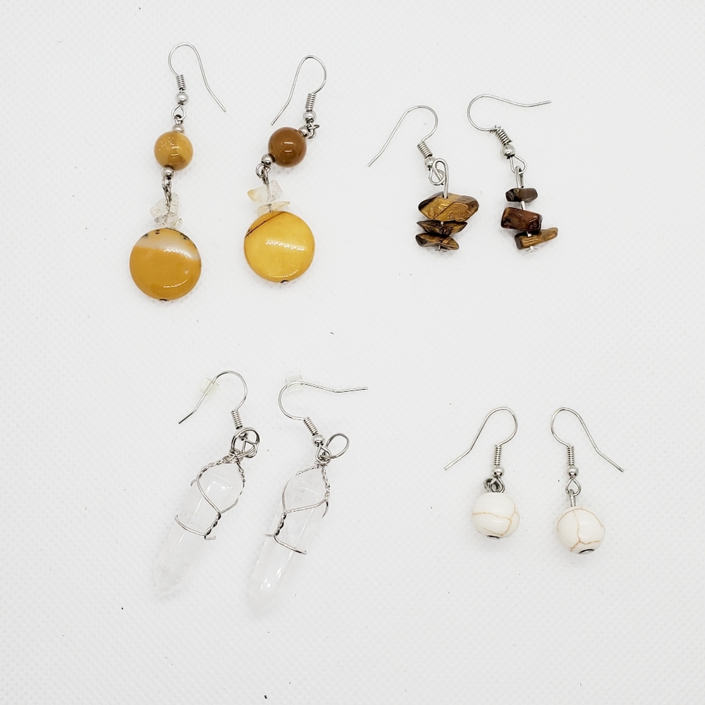 Set of 4 Natural Gemstone Silver Earrings Agate Tiger's Eye Quartz Howli…